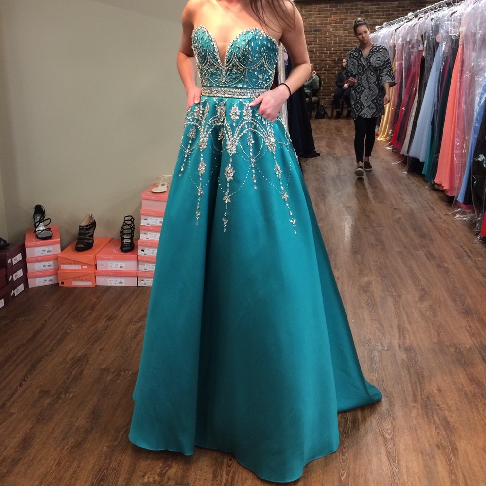 Size 0 Tiffany Designs Teal Beaded Ballgown